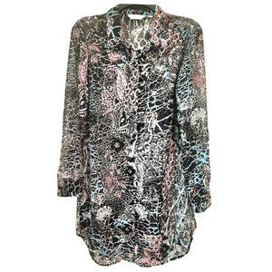 Womens Abstract Sheer Collared Shirt See Through Blouse Mini Shirt Dress Size M